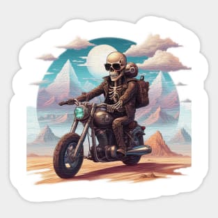 skeleton with sunglasses riding a motorcycle in the desert Sticker